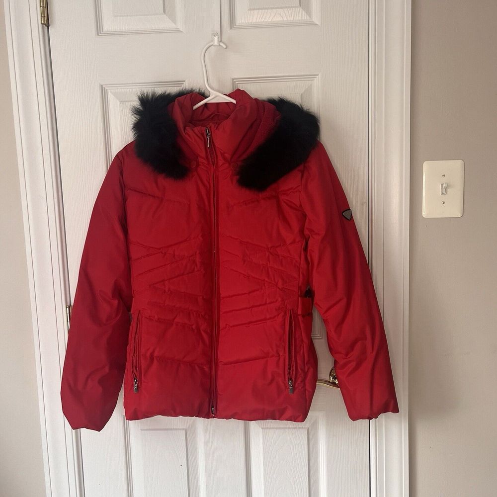 Anne Klein Down Filled Red Down Small‎ Jacket Puffer Hooded Fox Trim Hood